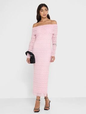 Off-Shoulder Pink Lace Midi Dress